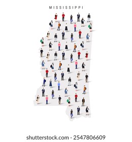 Mississippi US state population map. Large group of realistic a diverse crowd of people figures. Flat vector illustration isolated on white.