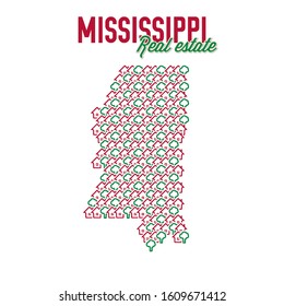 Mississippi US state realty creative concept. Icons of houses with gardens in the shape of a map of Mississippi. Vector illustration.