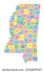 Mississippi, U.S. state, subdivided into 82 counties, multi colored political map with capital Jackson, borders and county names. State in the Southeastern region of USA, nicknamed The Magnolia State.