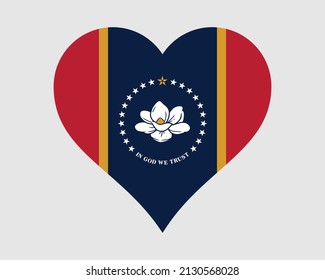 Mississippi USA Heart Flag. MS US Love Shape State Flag. The Magnolia State United States of America Banner Icon Sign Symbol Clipart. EPS Vector Illustration.