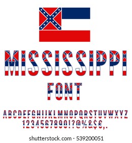 Mississippi USA state flag font. Alphabet, numbers and symbols stylized by state flag. Vector typeset