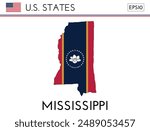 Mississippi USA state map shape with flag. Map of Mississippi in the Mississippi flag colors. Outline map filled with its flag colors. Vector illustration.