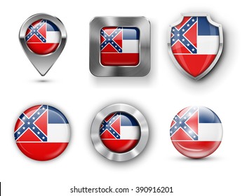 Mississippi USA State Metal and Glass Flag Badges, Buttons, Map marker pin and Shields. Vector illustrations