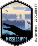 Mississippi vector label with crocodile alligator and wetland river