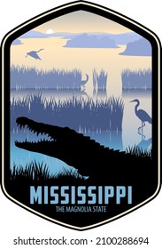 Mississippi vector label with crocodile alligator and wetland river