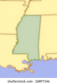 Mississippi, vector map, with borders of surrounding states. 5 named layers, fully editable.