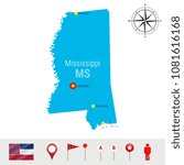 Mississippi Vector Map Isolated on White Background. Detailed Silhouette of Mississippi State. Vector Flag of Mississippi. 3D Map Markers or Pointers, Navigation Elements. Rose of Wind or Compass Icon