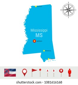 Mississippi Vector Map Isolated on White Background. Detailed Silhouette of Mississippi State. Vector Flag of Mississippi. 3D Map Markers or Pointers, Navigation Elements. Rose of Wind or Compass Icon