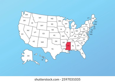 mississippi vector map isolated on United states map. Editable blank vector map of USA