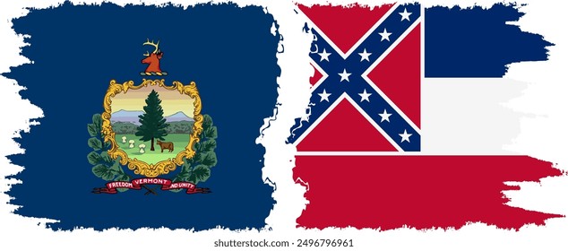 Mississippi and Vermont states grunge brush flags connection, vector