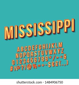 Mississippi vintage 3d vector lettering. Retro bold font, typeface. Pop art stylized text. Old school style letters, numbers, symbols, elements pack. 90s, 80s poster, banner. Blue color background