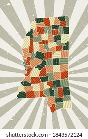Mississippi vintage map. Grunge poster with map of the US state in retro color palette. Shape of Mississippi with sunburst rays background. Vector illustration.