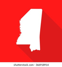 Mississippi white map,border flat simple style with long shadow on red background