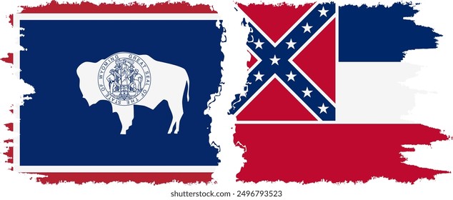 Mississippi and Wyoming states grunge brush flags connection, vector