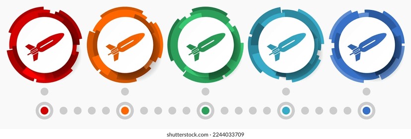 Missle, juego de iconos vectoriales de concepto de guerra, modernos botones web abstractos de diseño en 5 opciones de color, plantilla infográfica para diseño web y aplicaciones móviles