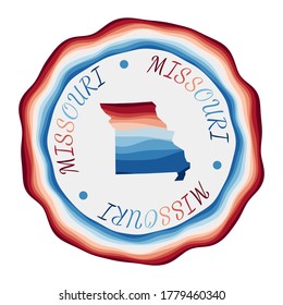 Insignia de Missouri. Mapa del estado de estados unidos con bellas olas geométricas y vibrante marco azul rojo. Logo de la ronda Vivid de Misuri. Ilustración vectorial.