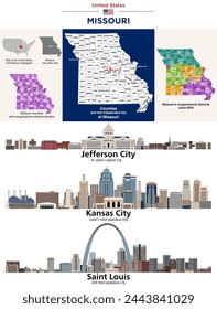 Missouri counties map and congressional districts since 2023 map. Jefferson City (state's capital city), Kansas City and St. Louis(state's most populous cities) skylines. Vector set