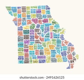 Nube de palabras del condado de Missouri. Logotipo del estado. Condados tipografía estilo Imagen de Vector. Nube de texto coloreada de Missouri. Ilustración vectorial vibrante.