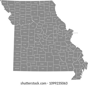 Missouri county map vector outline gray background. Map of Missouri state of USA with counties borders and names labeled