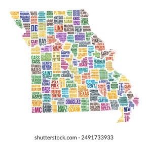 Missouri county word cloud in the shape of the state. A colored illustration featuring a collage of county names in a vector design.