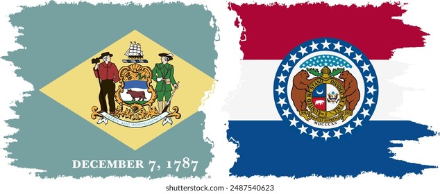 Missouri and Delaware states grunge brush flags connection, vector