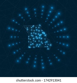 Missouri digital map. Glowing rays radiating from the US state. Network connections and telecommunication design. Vector illustration.