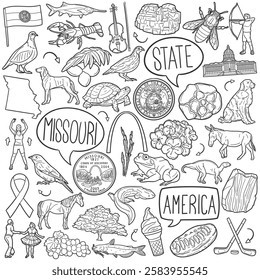 Missouri Doodle Icons Black and White Line Art. USA State Clipart Hand Drawn Symbol Design.