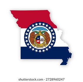 Missouri flag map poster. US state pride wall decor artwork. Patriotic printable digital art. Detailed vector illustration