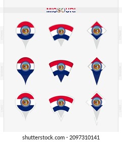 Missouri flag, set of location pin icons of Missouri flag. Vector illustration of national symbols.