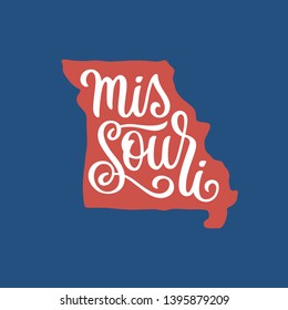 Missouri. Hand drawn USA state name inside state silhouette on blue background. Modern calligraphy for t shirt prints, posters, stickers, cards, souvenirs. Vector vintage illustration.