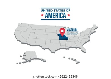 Missouri Destacado En Un Mapa Isométrico 3D De Los Estados Unidos De América