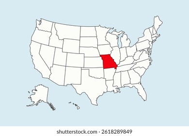 Missouri resaltado en el mapa de EE.UU. aislado sobre fondo azul