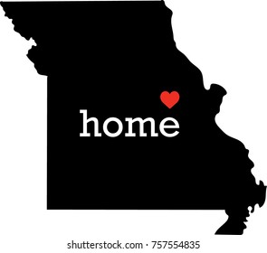 Missouri home state - black state map with Home written in white serif text with a red heart. Isolated on white background.