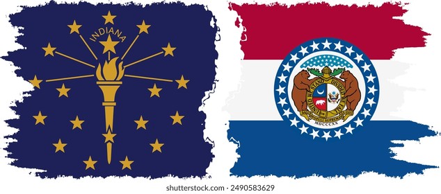 Missouri and Indiana states grunge brush flags connection, vector