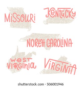 Missouri, Kentucky, North Carolina, West Virginia, Virginia USA state outline art with custom lettering for prints and crafts. United states of America wall art of individual states