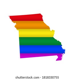 Missouri LGBT flag map. Vector illustration. Slightly wavy rainbow gay pride flag map.