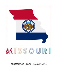 Missouri logo. Map of Missouri with the state name and flag. Charming vector illustration.