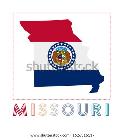 Missouri logo. Map of Missouri with the state name and flag. Charming vector illustration.
