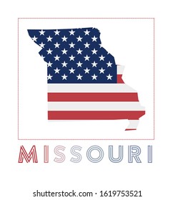 Missouri Logo. Map of Missouri with US state name and flag. Classy vector illustration.
