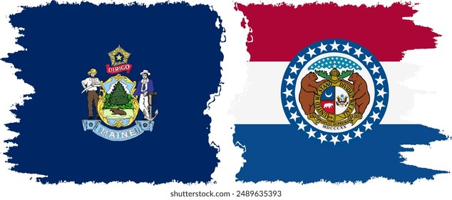 Missouri and Maine states grunge brush flags connection, vector