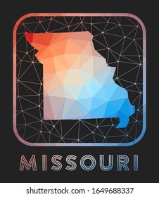 Missouri map design. Vector low poly map of the us state. Missouri icon in geometric style. The us state shape with polygnal gradient and mesh on dark background.