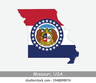 Missouri Map Flag. Map of MO, USA with the state flag isolated on white background. United States, America, American, United States of America, US State. Vector illustration.