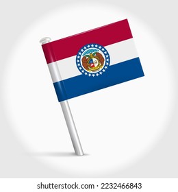 Missouri map pin flag icon. Pennant map marker on a metal needle. 3D realistic vector illustration.