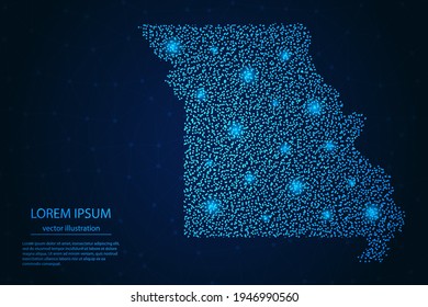 Missouri map from point blue and glowing stars on a dark background. Vector eps 10.