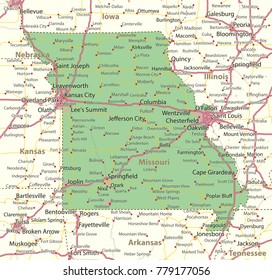 Missouri Map Shows State Borders Urban: vector de stock (libre de