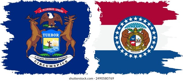 Missouri and Michigan states grunge brush flags connection, vector