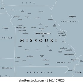 Missouri, MO, graue politische Karte mit der Hauptstadt Jefferson City, größte Städte, Seen und Flüsse. Bundesstaat im Mittleren Westen der Vereinigten Staaten, mit dem Spitznamen "Show Me State", "Cave State" und "Mother of the West".