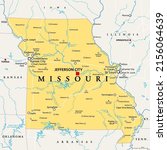 Missouri, MO, political map, with capital Jefferson City, and largest cities, lakes and rivers. State in Midwestern region of United States, nicknamed Show Me State, Cave State and Mother of the West.