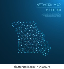 Missouri network map. Abstract polygonal Missouri network map design with glowing dots and lines. Map of Missouri networks. Vector illustration.