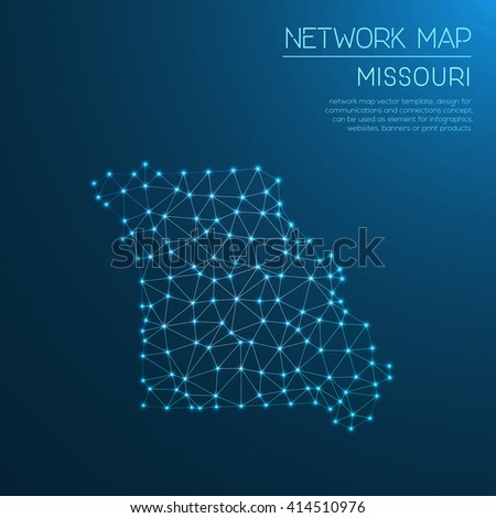 Missouri network map. Abstract polygonal Missouri network map design with glowing dots and lines. Map of Missouri networks. Vector illustration.